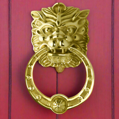 8 3/8 Inch (4 Inch c-c) Solid Brass Regal Lion Door Knocker (Polished Brass Finish) Copper Mountain Hardware