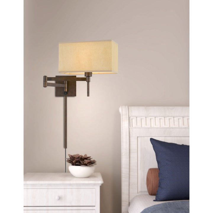 60W ROBSON WALL SWING ARM READING LAMP WITH RECTANGULAR HARDBACK FABRIC SHADE. 3 FT WIRE COVER INCLUDED. Cal Lighting