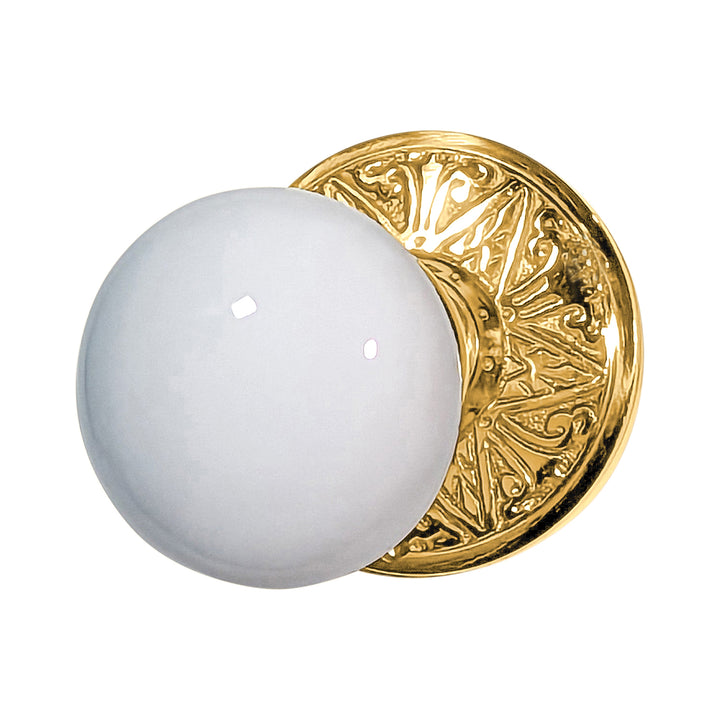 Eastlake Rosette Door Set with White Porcelain Door Knobs (Several Finishes Available)