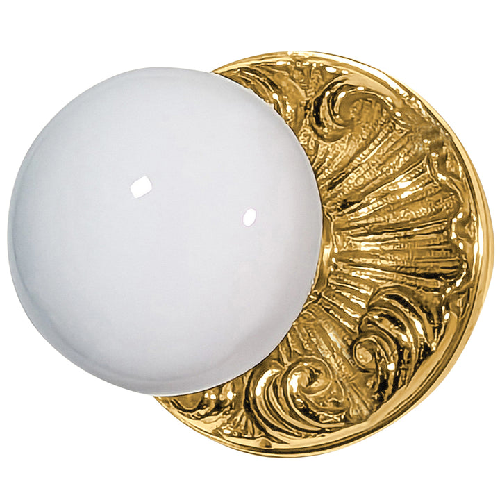 Romanesque Rosette Door Sets with White Porcelain Door Knobs (Several Finishes Available)