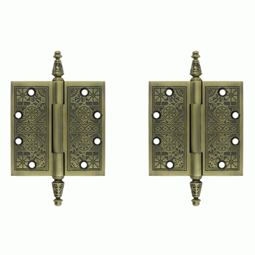 4 1/2 X 4 1/2 Inch Solid Brass Ornate Finial Style Hinge (Antique Brass Finish) DELTANA