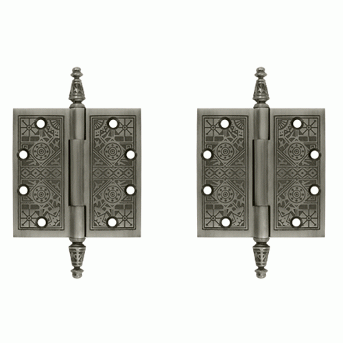 4 1/2 X 4 1/2 Inch Solid Brass Ornate Finial Style Hinge (Antique Nickel Finish) DELTANA