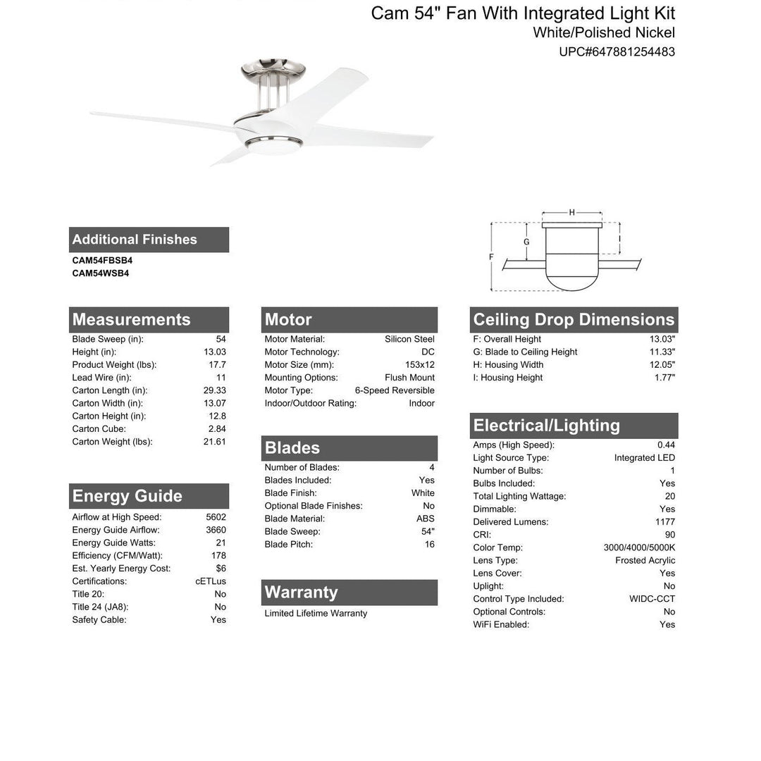 54" Cam in White/Polished Nickel w/ White Blades CRAFTMADE