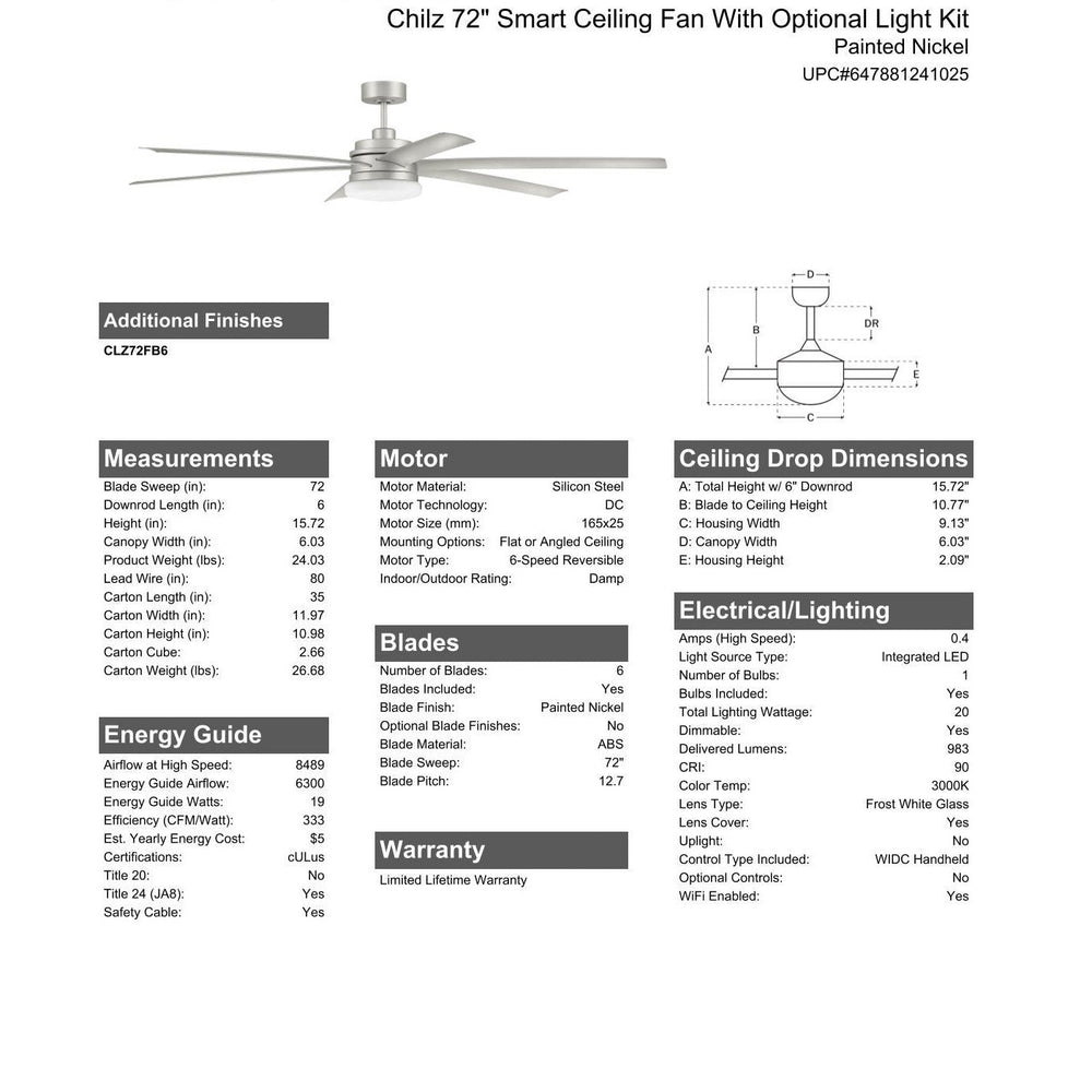 72" Chilz Smart Ceiling Fan, Painted Nickel, Integrated LED Light Kit, Remote & WiFi Control CRAFTMADE