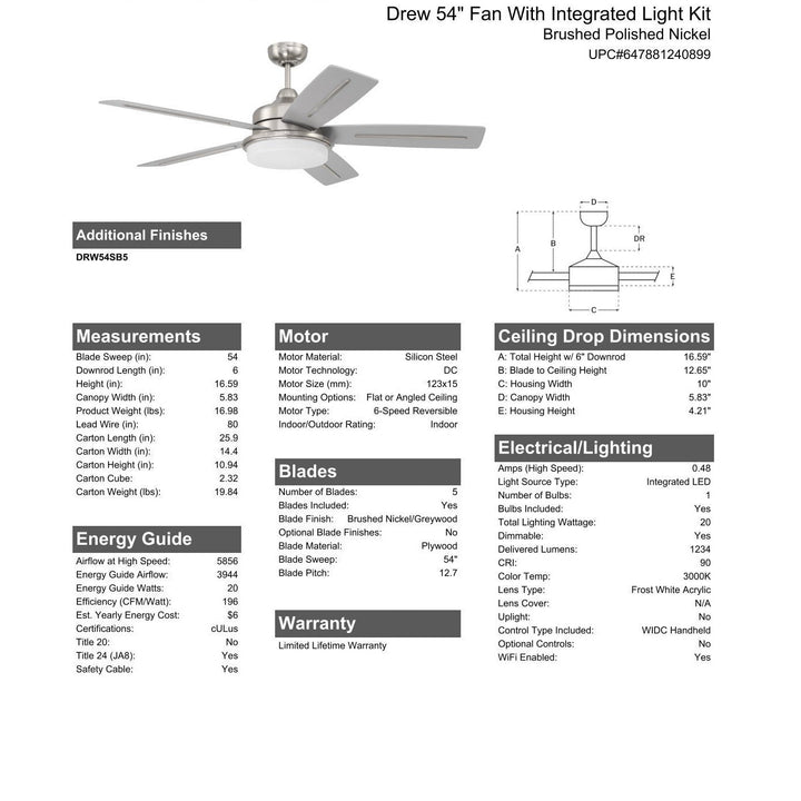 54" Drew in Brushed Polished Nickel w/ Brushed Nickel/Greywood Blades CRAFTMADE