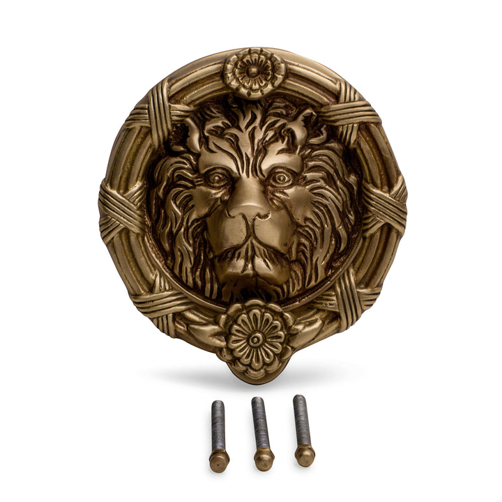 Ribbon & Reed 5 1/4 Inch Lion Head Door Knocker in Solid Brass (Antique Brass Finish) COPPER MOUNTAIN HARDWARE