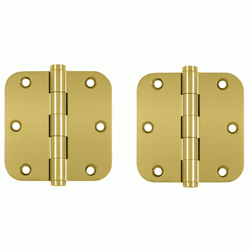 Pair 3 1/2 Inch X 3 1/2 Inch Solid Brass Hinge Interchangeable Finials (5/8 Radius Corner, PVD Polished Brass Finish) DELTANA