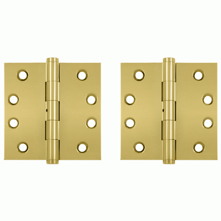 Pair 4 Inch X 4 Inch Non-Removable Pin Hinge Interchangeable Finials (Square Corner, PVD Polished Brass Finish) DELTANA