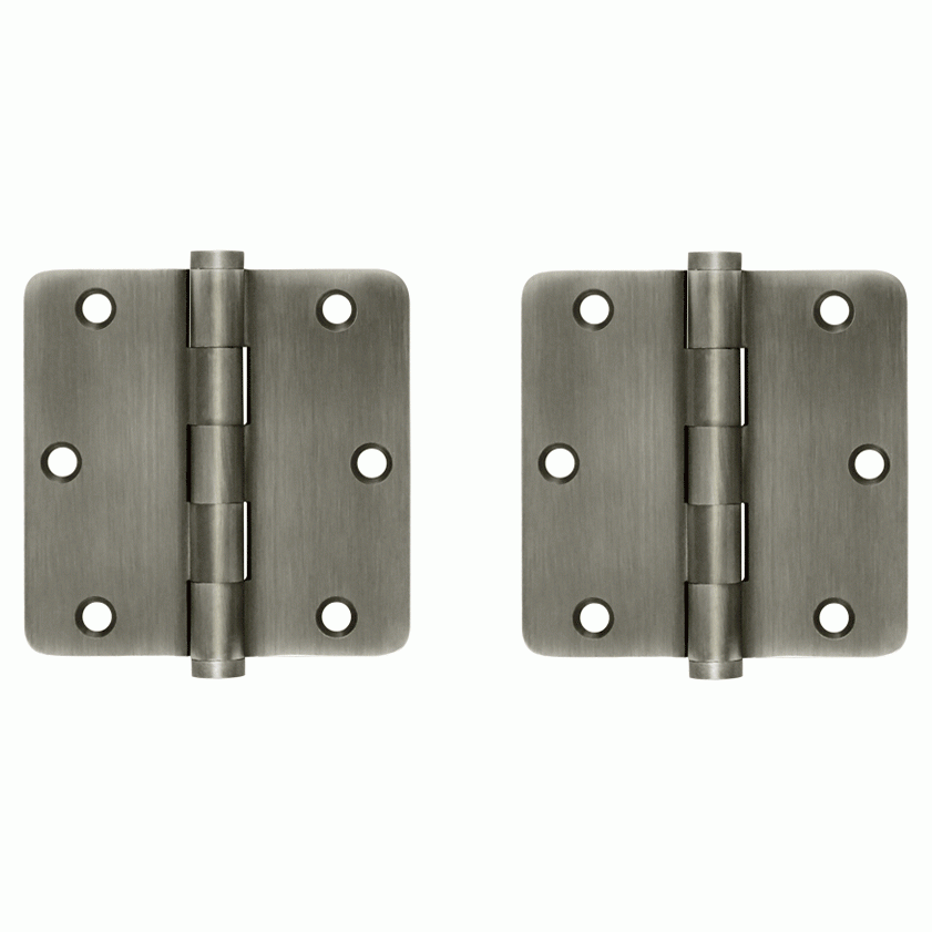 Pair 3 1/2 Inch X 3 1/2 Inch Solid Brass Hinge Interchangeable Finials (1/4 Radius Corner, Antique Nickel Finish) DELTANA