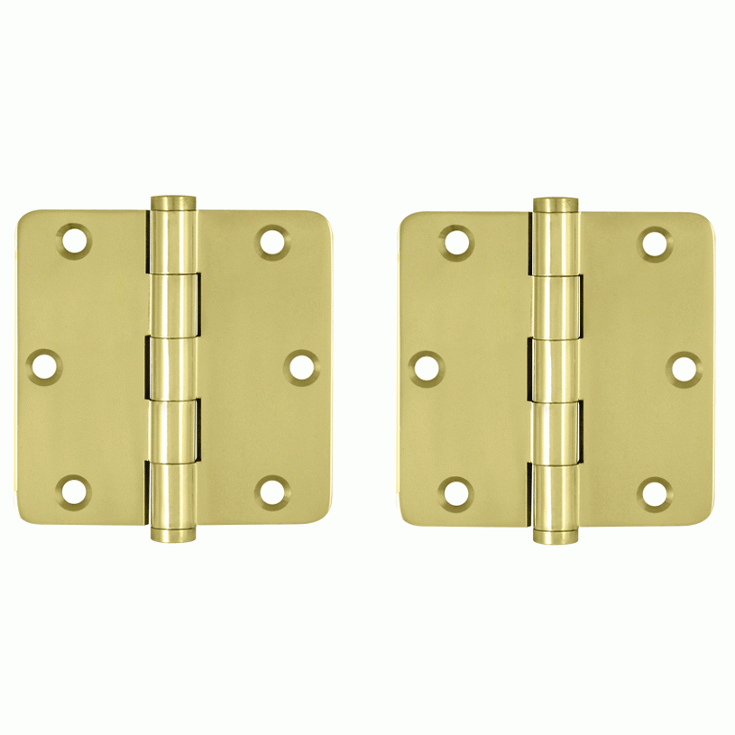 Pair 3 1/2 Inch X 3 1/2 Inch Solid Brass Hinge Interchangeable Finials (1/4 Radius Corner, Polished Brass Finish) DELTANA