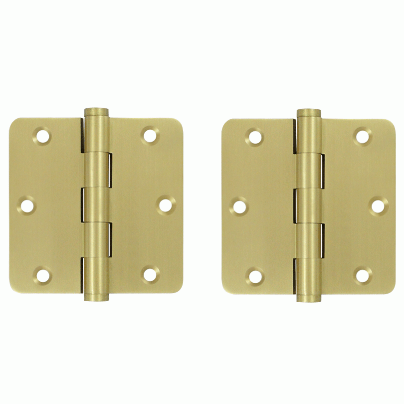 Pair 3 1/2 Inch X 3 1/2 Inch Solid Brass Hinge Interchangeable Finials (1/4 Radius Corner, Brushed Brass Finish) DELTANA