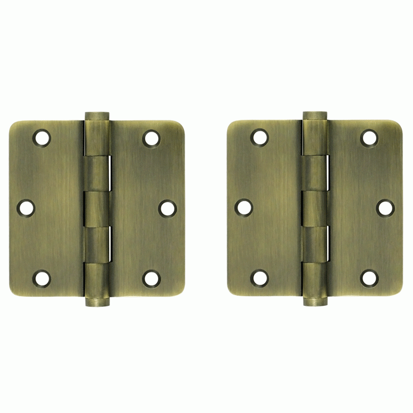 Pair 3 1/2 Inch X 3 1/2 Inch Solid Brass Hinge Interchangeable Finials (1/4 Radius Corner, Antique Brass Finish) DELTANA