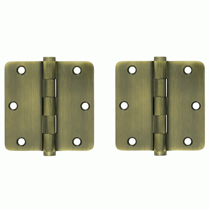 Pair 3 1/2 Inch X 3 1/2 Inch Solid Brass Hinge Interchangeable Finials (1/4 Radius Corner, Antique Brass Finish) DELTANA