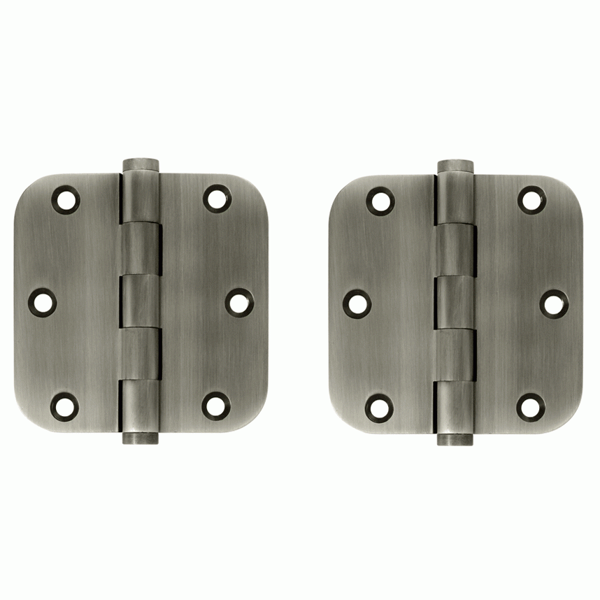 Pair 3 1/2 Inch X 3 1/2 Inch Solid Brass Hinge Interchangeable Finials (5/8 Radius Corner, Antique Nickel Finish) DELTANA