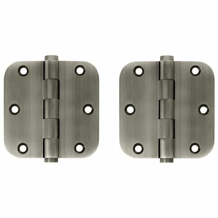 Pair 3 1/2 Inch X 3 1/2 Inch Solid Brass Hinge Interchangeable Finials (5/8 Radius Corner, Antique Nickel Finish) DELTANA