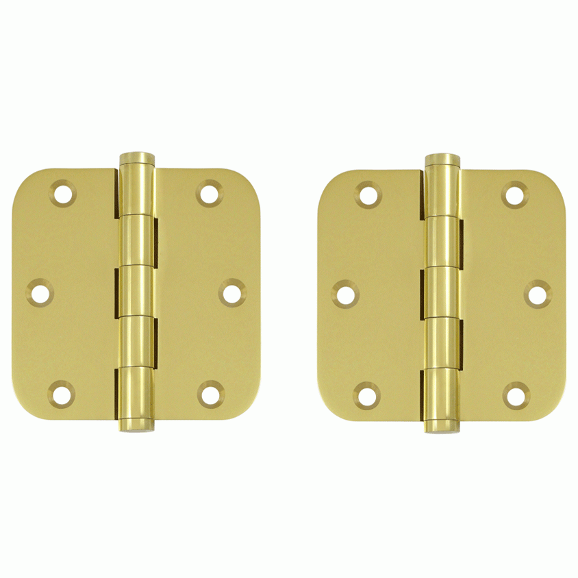 Pair 3 1/2 Inch X 3 1/2 Inch Solid Brass Hinge Interchangeable Finials (5/8 Radius Corner, Polished Brass Finish) DELTANA