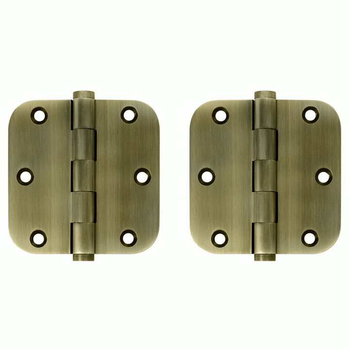 Pair 3 1/2 Inch X 3 1/2 Inch Solid Brass Hinge Interchangeable Finials (5/8 Radius Corner, Antique Brass Finish) DELTANA