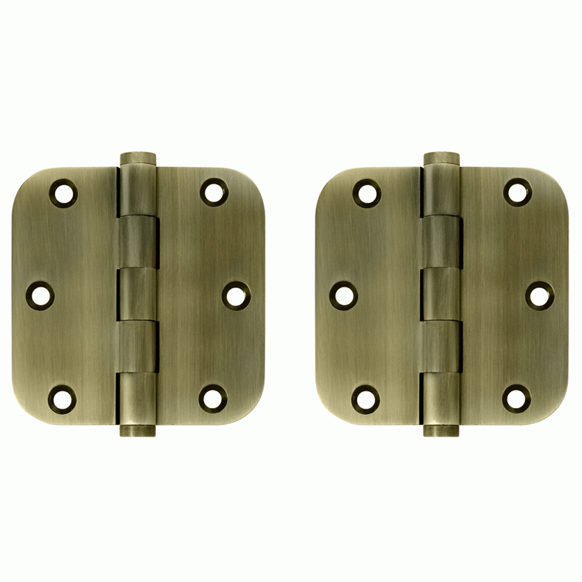 Pair 3 1/2 Inch X 3 1/2 Inch Solid Brass Hinge Interchangeable Finials (5/8 Radius Corner, Antique Brass Finish) DELTANA