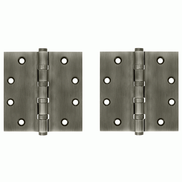 4 1/2 Inch X 4 1/2 Inch Solid Brass Four Ball Bearing Square Hinge (Antique Nickel Finish) DELTANA