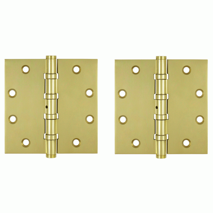 4 1/2 Inch X 4 1/2 Inch Solid Brass Non-Removable Pin Square Hinge (Polished Brass Finish) DELTANA