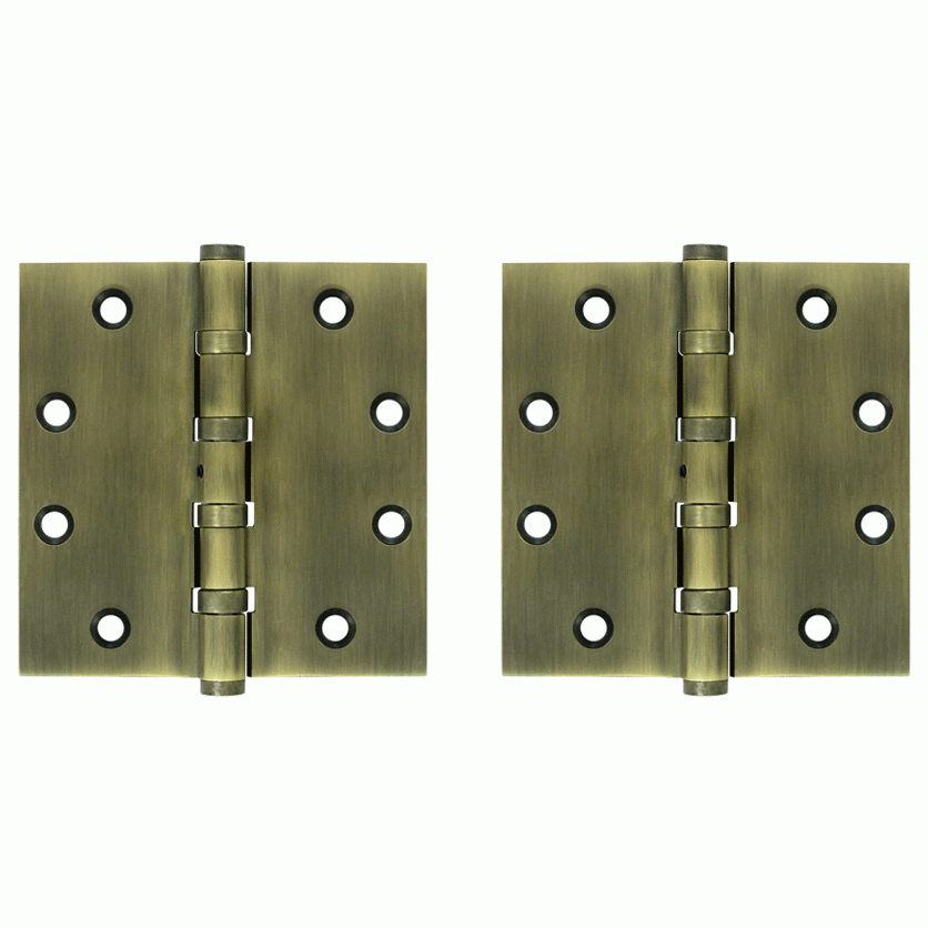 4 1/2 Inch X 4 1/2 Inch Solid Brass Non-Removable Pin Square Hinge (Antique Brass Finish) DELTANA