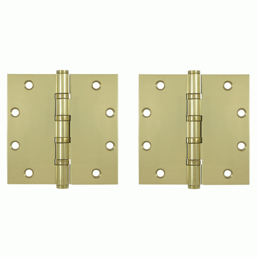 5 Inch X 5 Inch Solid Brass Four Ball Bearing Square Hinge (Unlacquered Brass Finish) DELTANA