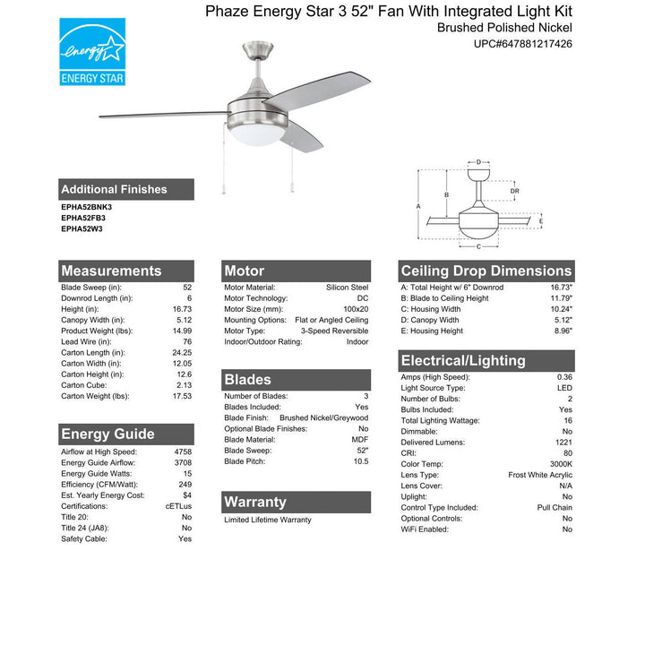 52" Phaze Energy Star 3 in Brushed Polished Nickel w/ Brushed Nickel/Greywood Blades CRAFTMADE