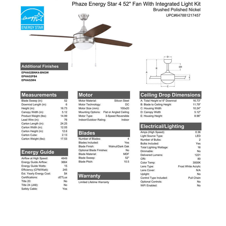 52" Phaze Energy Star 4 in Brushed Polished Nickel w/ Walnut/Dark Oak Blades CRAFTMADE