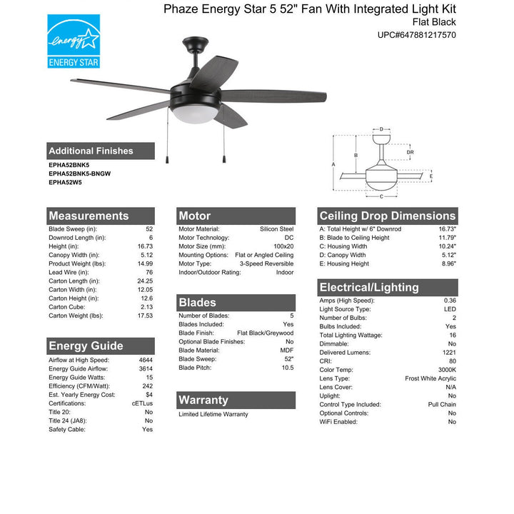 52" Phaze Energy Star 5 in Flat Black  w/ Flat Black/Greywood Blades CRAFTMADE