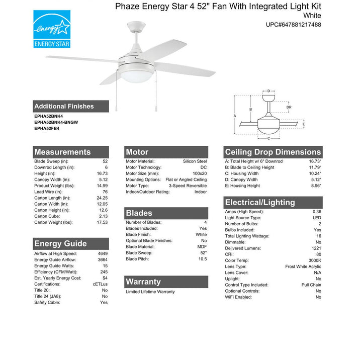 52" Phaze Energy Star 4 in White w/ White Blades CRAFTMADE