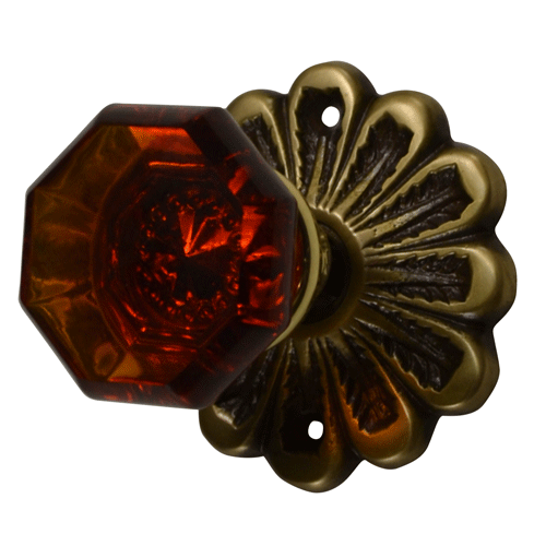 Maltesia Flower Rosette Door Set with Octagon Amber Glass Door Knobs (Several Finishes Available) COPPER MOUNTAIN HARDWARE