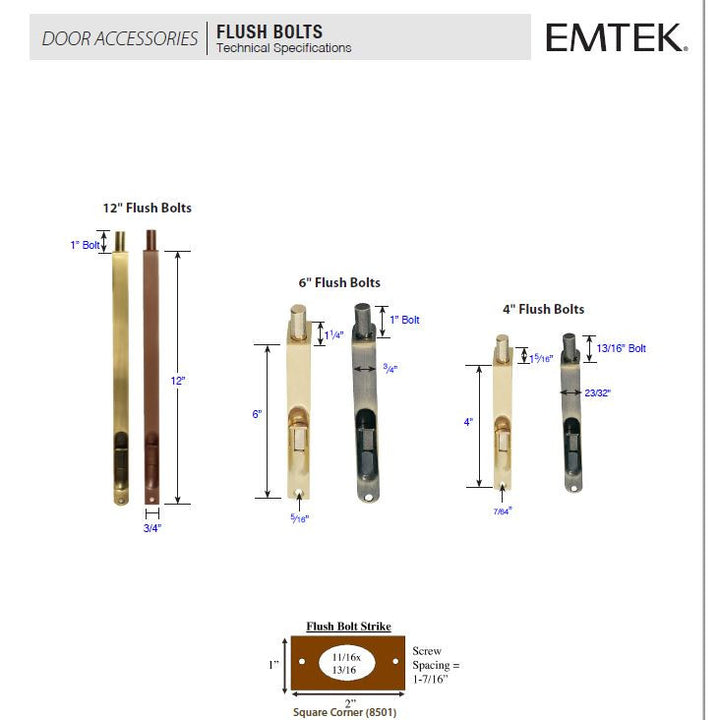 Solid Brass Mortised Flush Bolt (Polished Chrome Finish) EMTEK