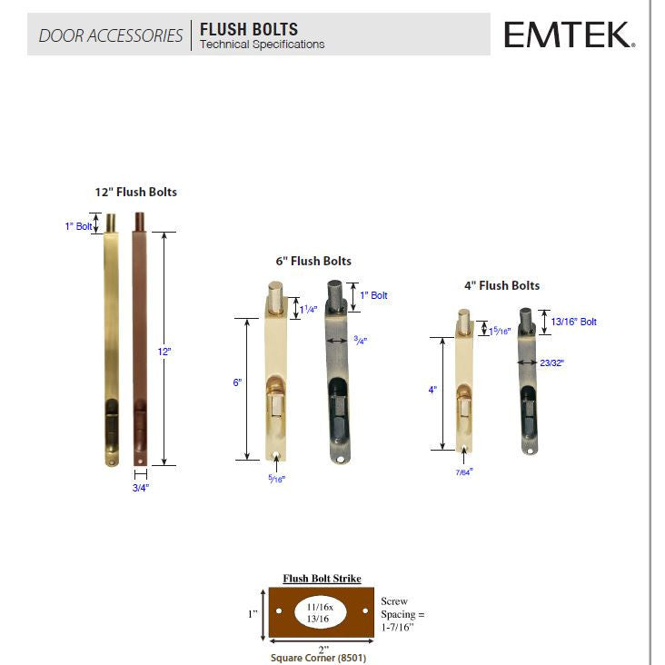 Solid Brass Mortised Flush Bolt (Brushed Nickel Finish) EMTEK