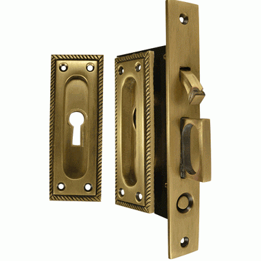 Georgian Square Pattern Single Pocket Privacy (Lock) Style Door Set (Antique Brass) COPPER MOUNTAIN HARDWARE