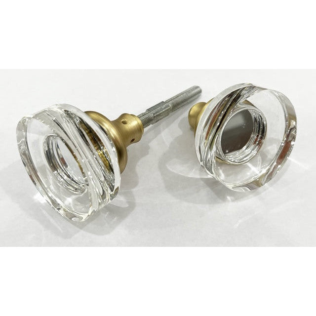 Modern Crystal Disc Door Knobs in Satin Brass Finish - Spare Set with Spindle COPPER MOUNTAIN HARDWARE