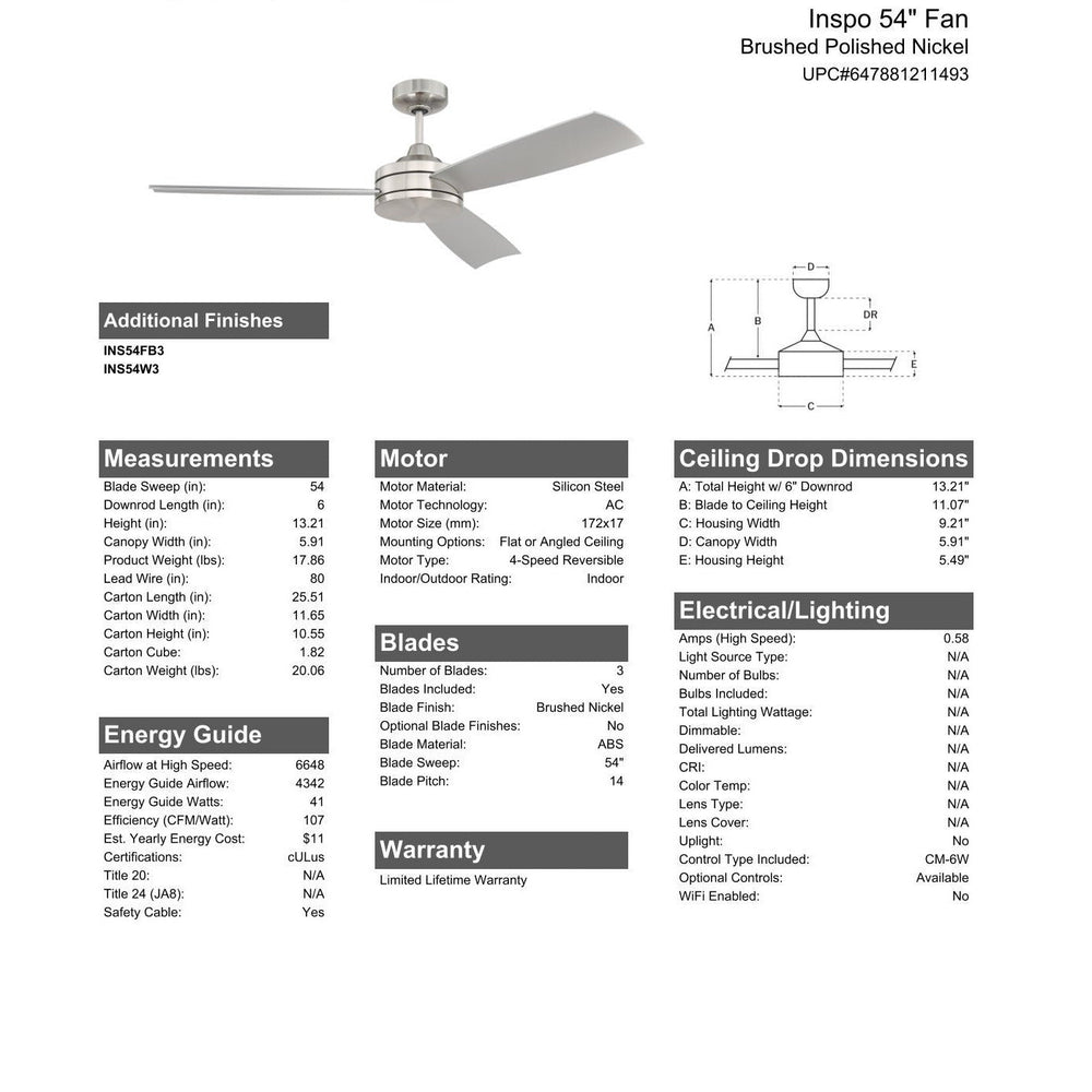 54" Inspo in Brushed Polished Nickel w/ Brushed Nickel Blades CRAFTMADE