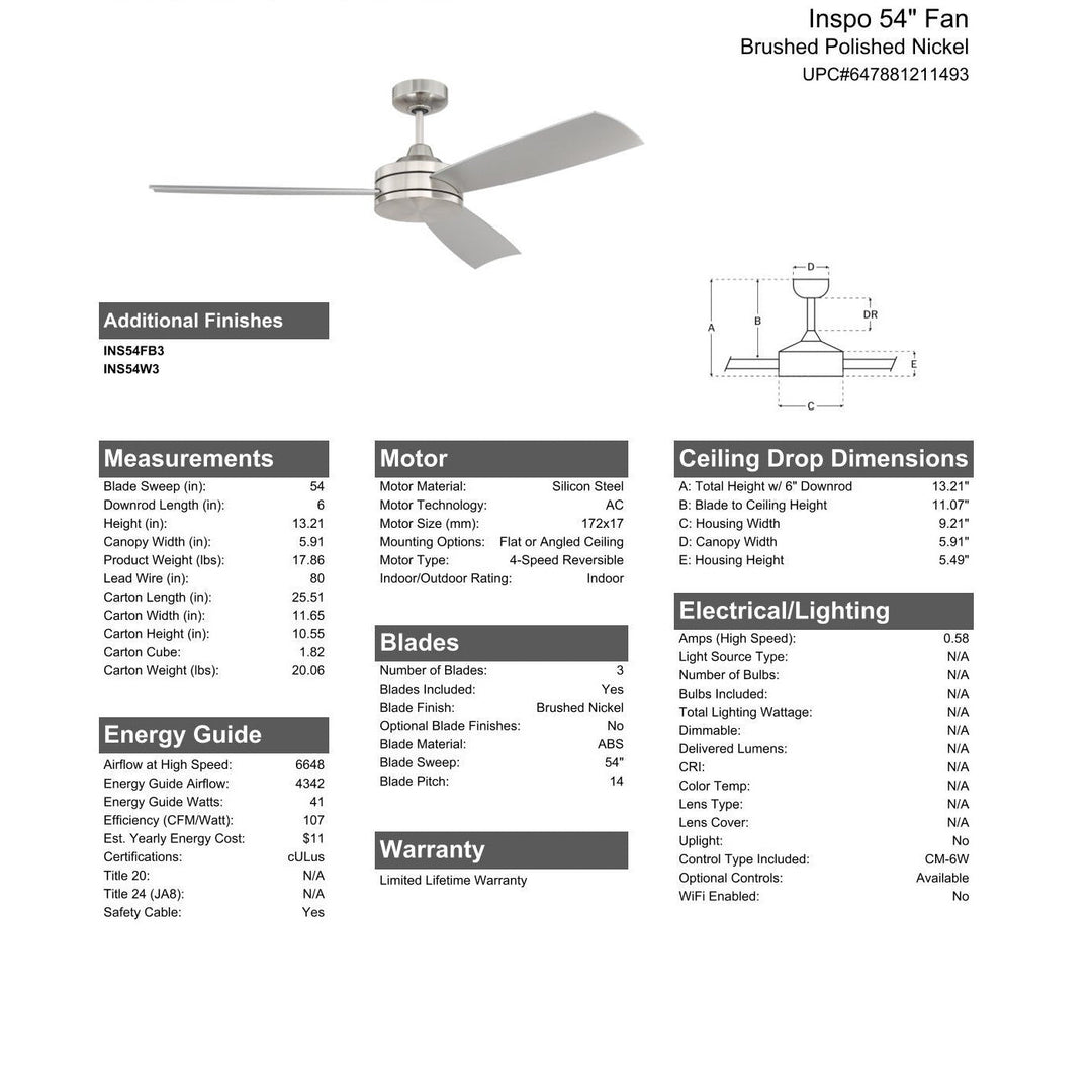 54" Inspo in Brushed Polished Nickel w/ Brushed Nickel Blades CRAFTMADE