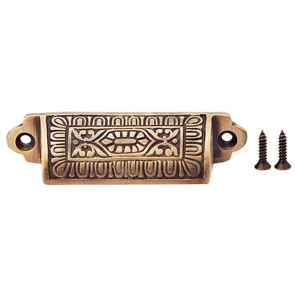 3 5/8 Inch Overall (3 Inch c-c) Traditional Square Eastlake Style Bin Pull (Antique Brass Finish) COPPER MOUNTAIN HARDWARE