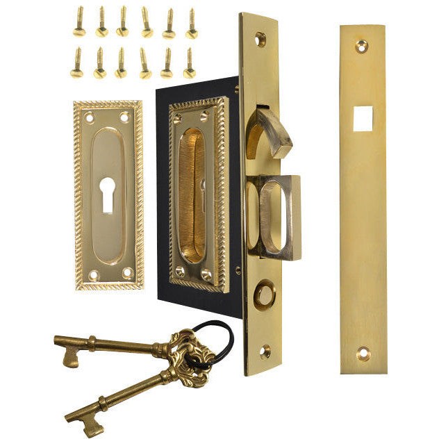 Georgian Square Pattern Single Pocket Privacy (Lock) Style Door Set (Polished Brass) COPPER MOUNTAIN HARDWARE