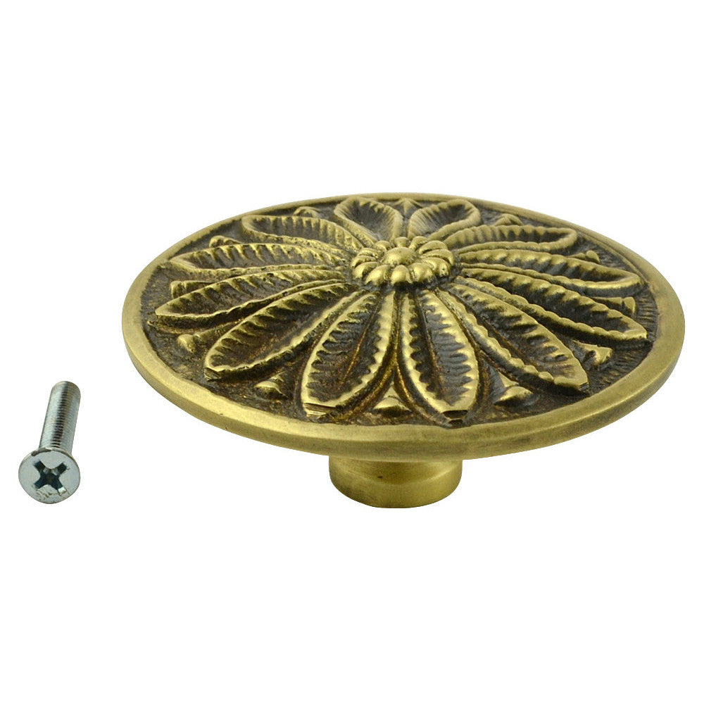 2 3/5 Inch Solid Brass Floral Leaf Cabinet Knob (Antique Brass Finish) COPPER MOUNTAIN HARDWARE