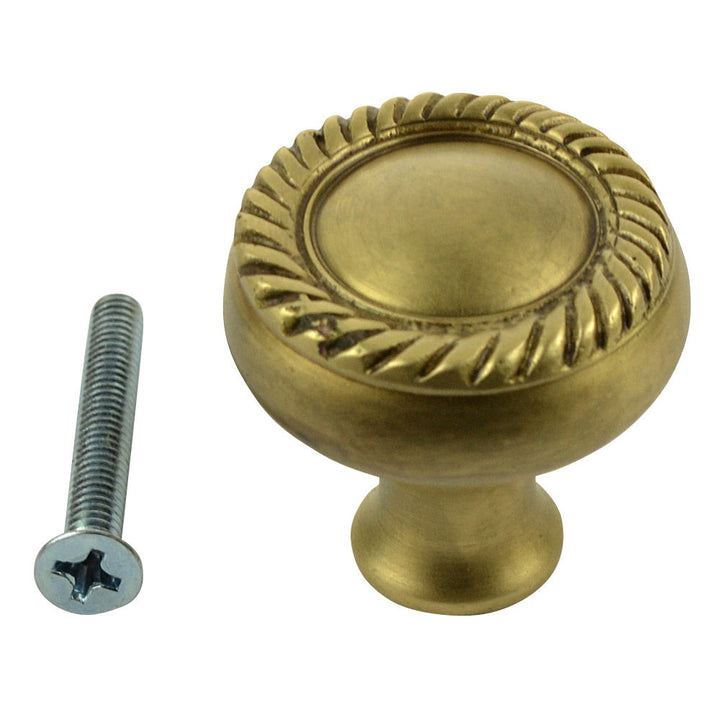 1 1/4 Inch Solid Brass Round Georgian Roped Border Knob (Antique Brass Finish) COPPER MOUNTAIN HARDWARE