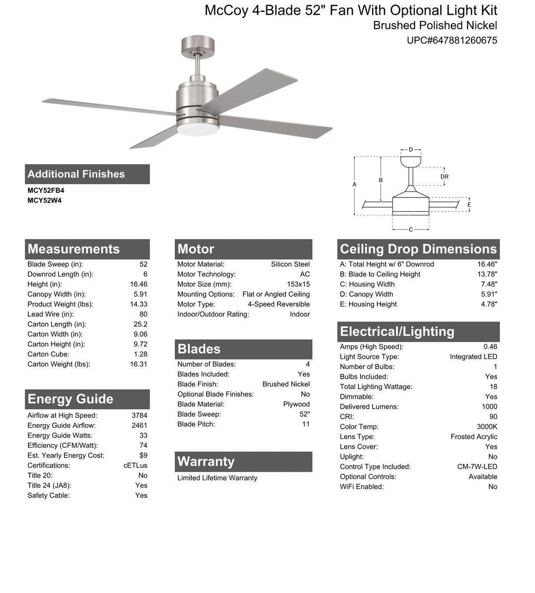 ##Antique Hardware## 52" McCoy 4-Blade in Brushed Polished Nickel w/ Brushed Nickel Blades