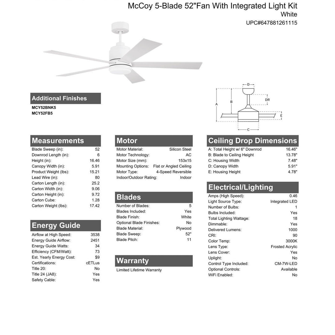 52" McCoy 5-Blade in White w/ White Blades CRAFTMADE