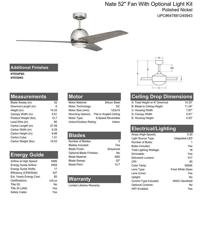 Antique Hardware 52" Nate in Polished Nickel Finish, Greywood Blades, Light kit included (Optional), WiFi Control Ceiling Fan