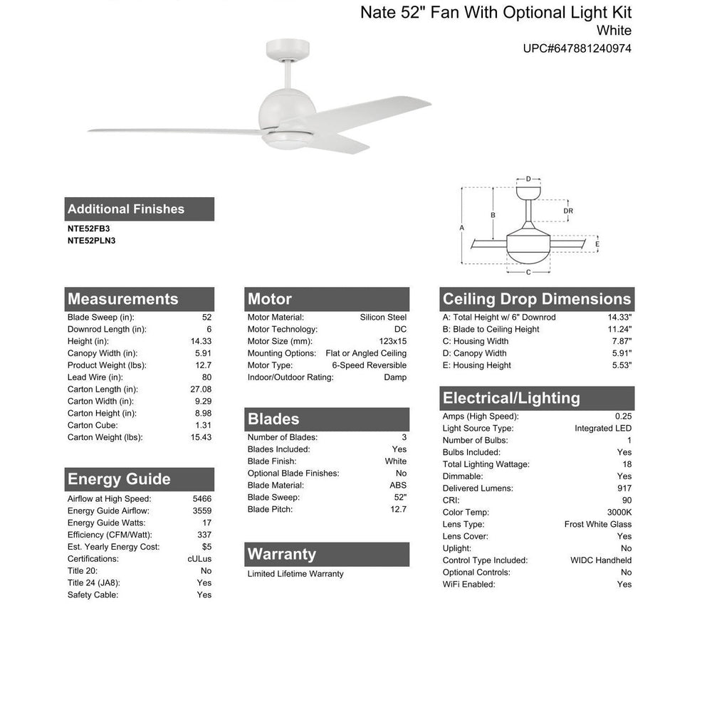 52" Nate in White Finish, White Blades, Light kit included (Optional), WiFi Control CRAFTMADE