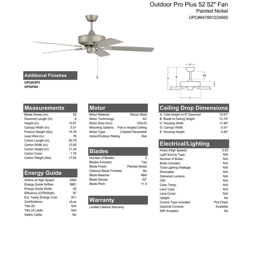 52" Outdoor Pro Plus 52 in Painted Nickel w/ Painted Nickel Blades CRAFTMADE