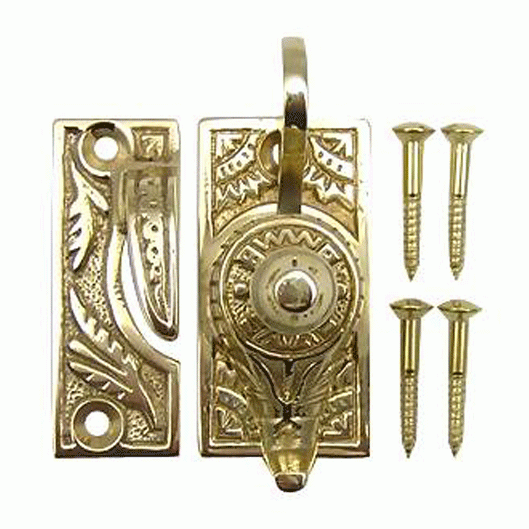 Oriental Pattern Solid Brass Sash Lock (Lacquered Brass Finish) Copper Mountain Hardware