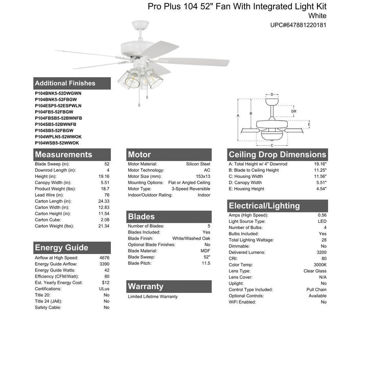 52" Pro Plus 104 in White w/ White/Washed Oak Blades CRAFTMADE