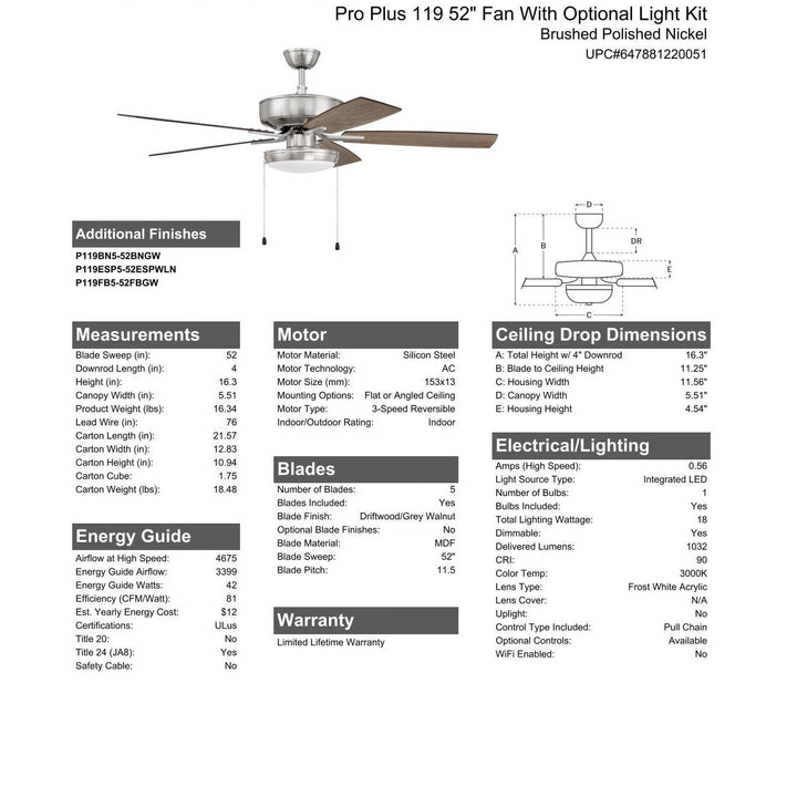52" Pro Plus 119 in Brushed Polished Nickel w/ Driftwood/Grey Walnut Blades CRAFTMADE