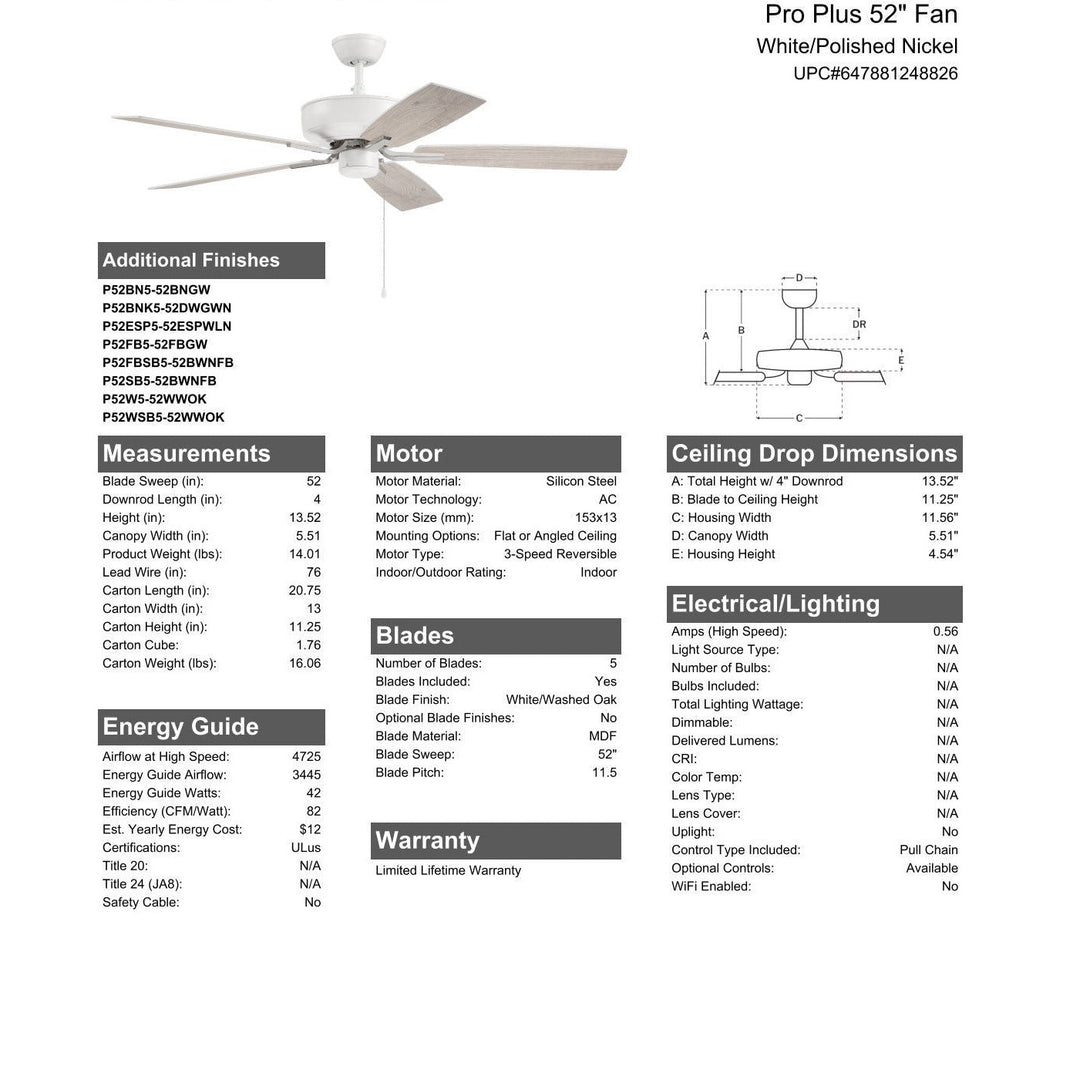 52" Pro Plus in White/Polished Nickel w/ White/Washed Oak Blades CRAFTMADE